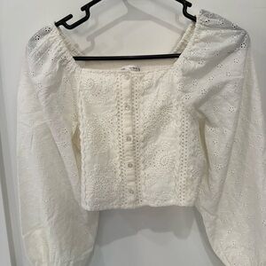 Cream Buttoned Crop Blouse with Long Sleeves